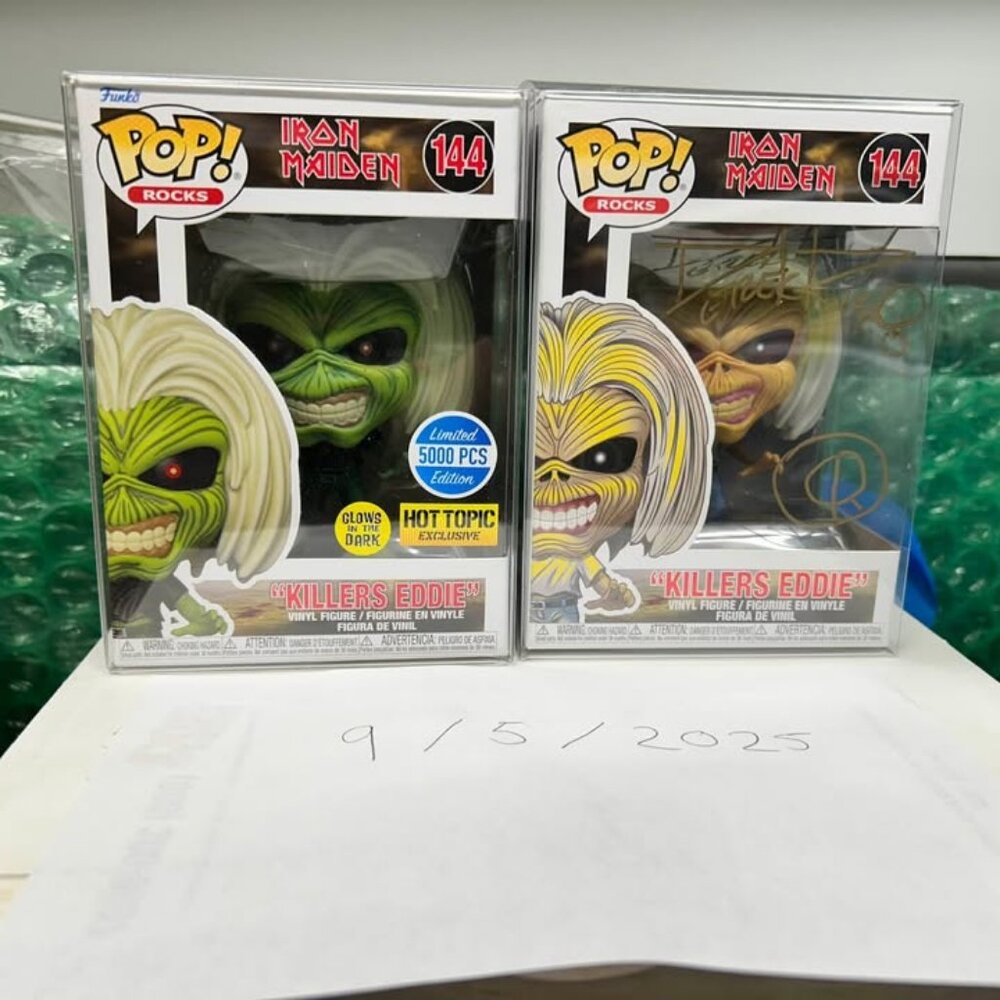 Autographed (Derek Riggs) Funko Pop Iron Maiden 144 Killers Eddie Bundle